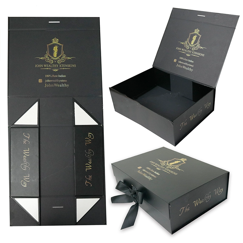 Custom Logo Magnetic Folding Carboard Boxes With Ribbon For Hair Extensions & Wigs