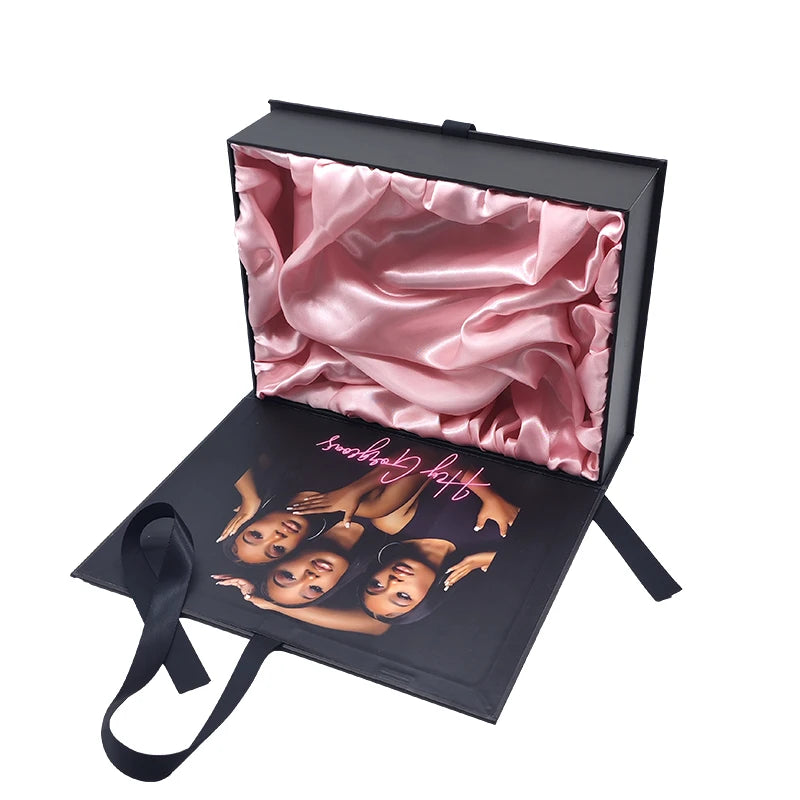Custom Logo Magnetic Folding Carboard Boxes With Ribbon For Hair Extensions & Wigs