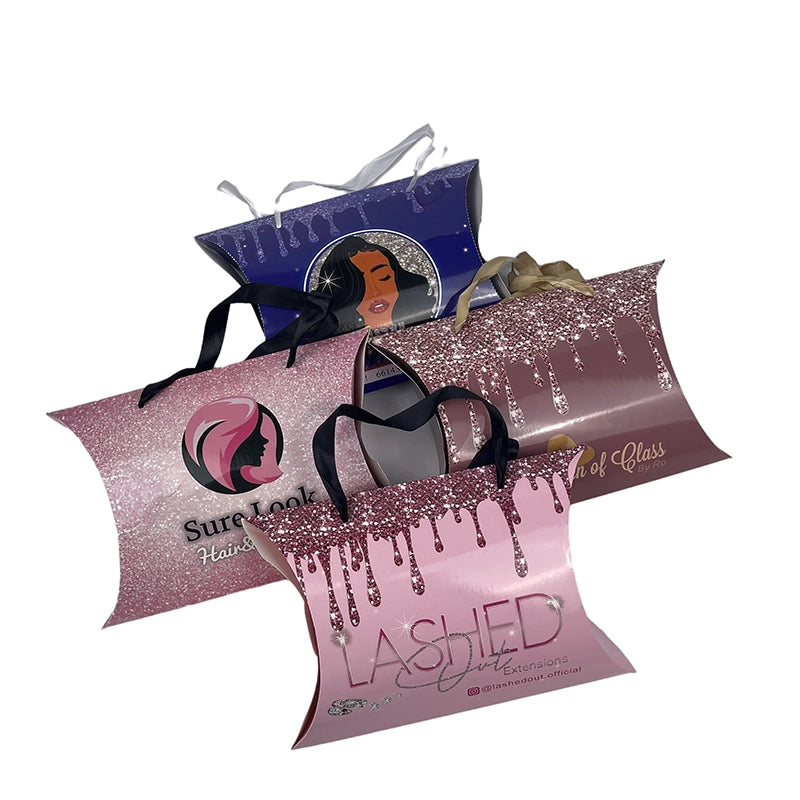 Custom Logo Pillow Boxes With Ribbon For Hair Extensions & Wigs