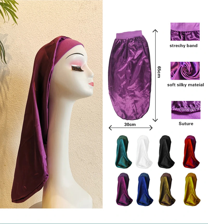 Custom Logo Single Layer Wide Band Long Satin Bonnets For Big Braids
