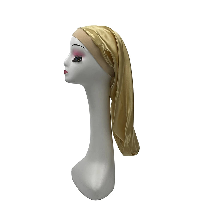 Custom Logo Single Layer Wide Band Long Satin Bonnets For Big Braids