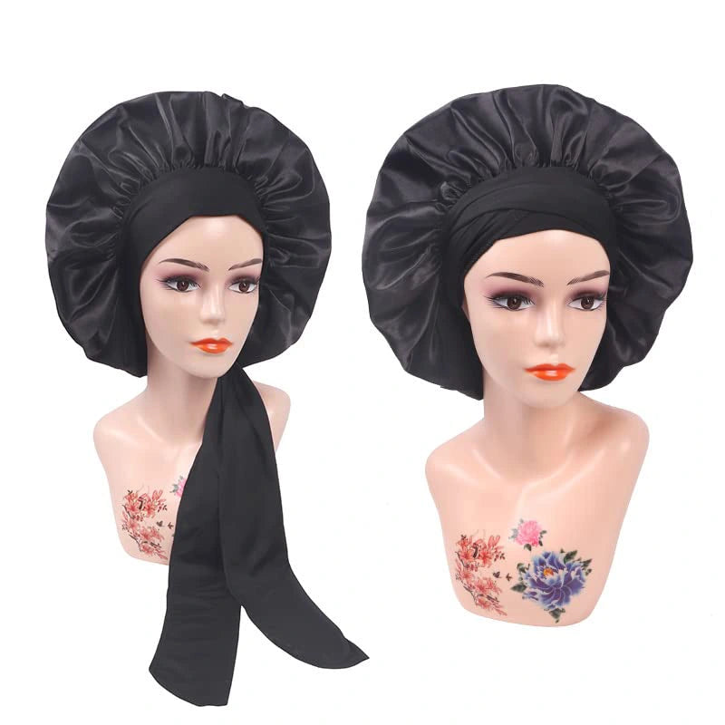 Custom Logo Single Layer Wide Band Large Satin Bonnets With Ties