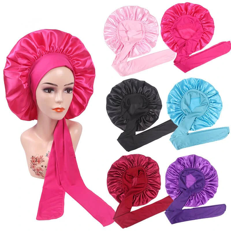 Custom Logo Single Layer Wide Band Large Satin Bonnets With Ties
