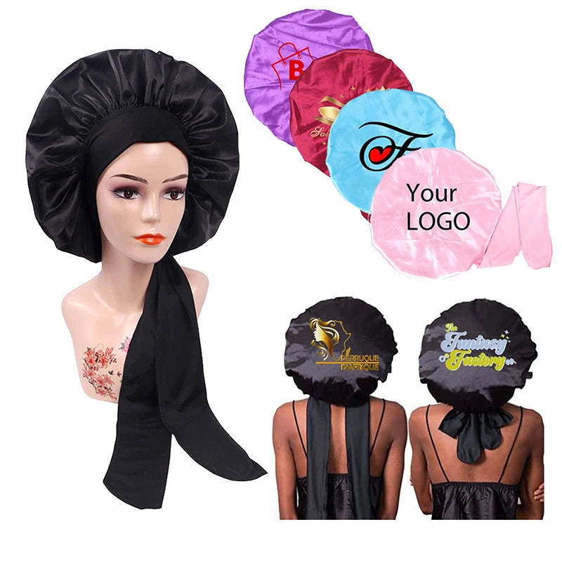 Custom Logo Single Layer Wide Band Large Satin Bonnets With Ties
